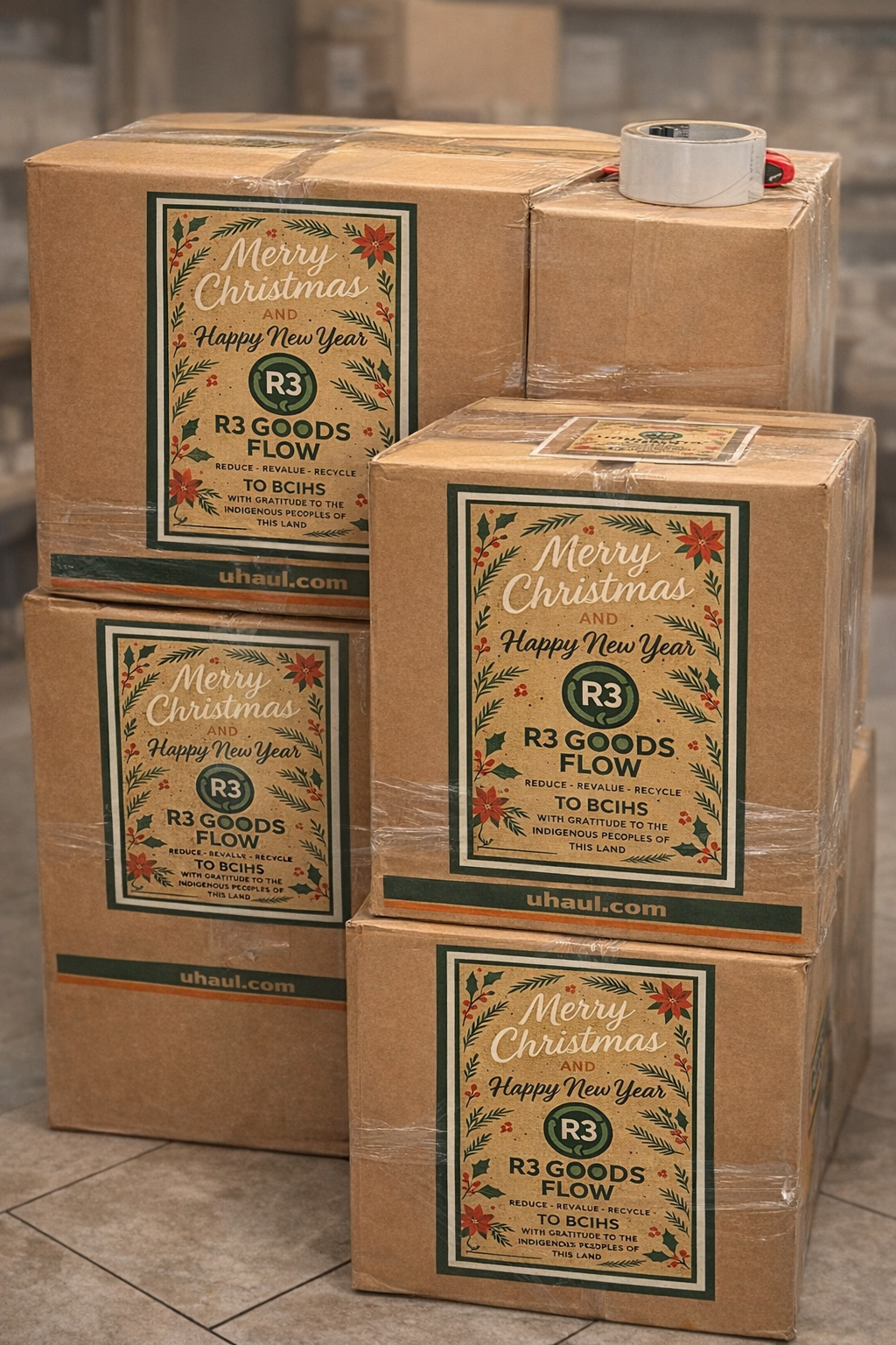 R3 Goods Flow wrapped donation boxes with Merry Christmas and Happy New Year labels showing TO BCIHS