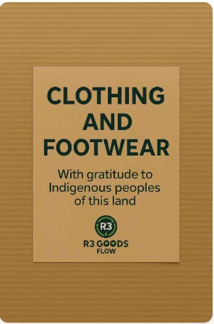 R3 Goods Flow CLOTHING AND FOOTWEAR label with gratitude to Indigenous peoples